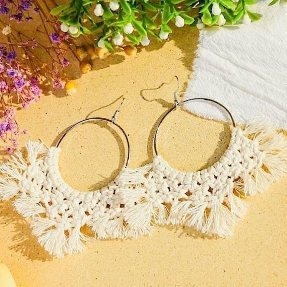 Neutral Coastal Chic Macrame Statement Hoops Bohemian Textured Fringe Earrings
